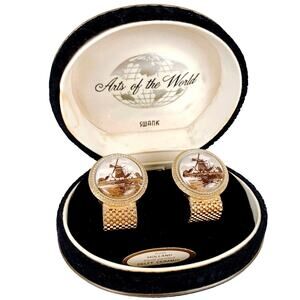 Vintage Swank Arts of the World Holland Delft Round Ceramic Cufflinks in Box